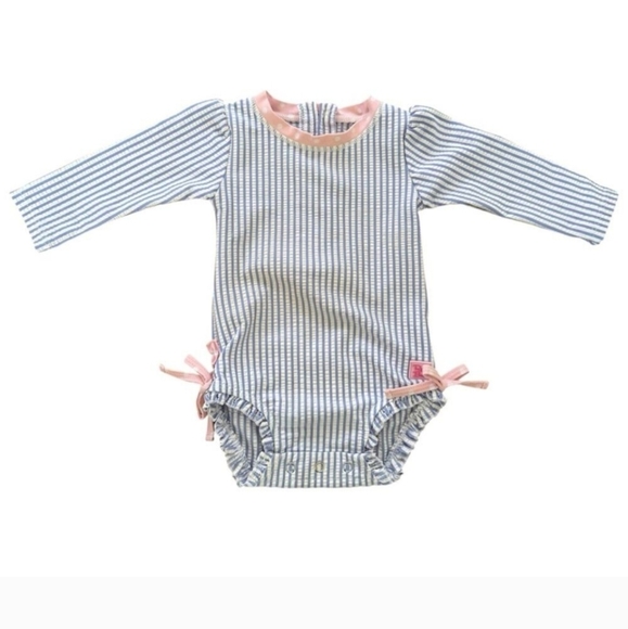 Ruffle Butts Seersucker Long Sleeve Rash Guard Periwinkle Blue Pink Size 6-12 M - Picture 1 of 8